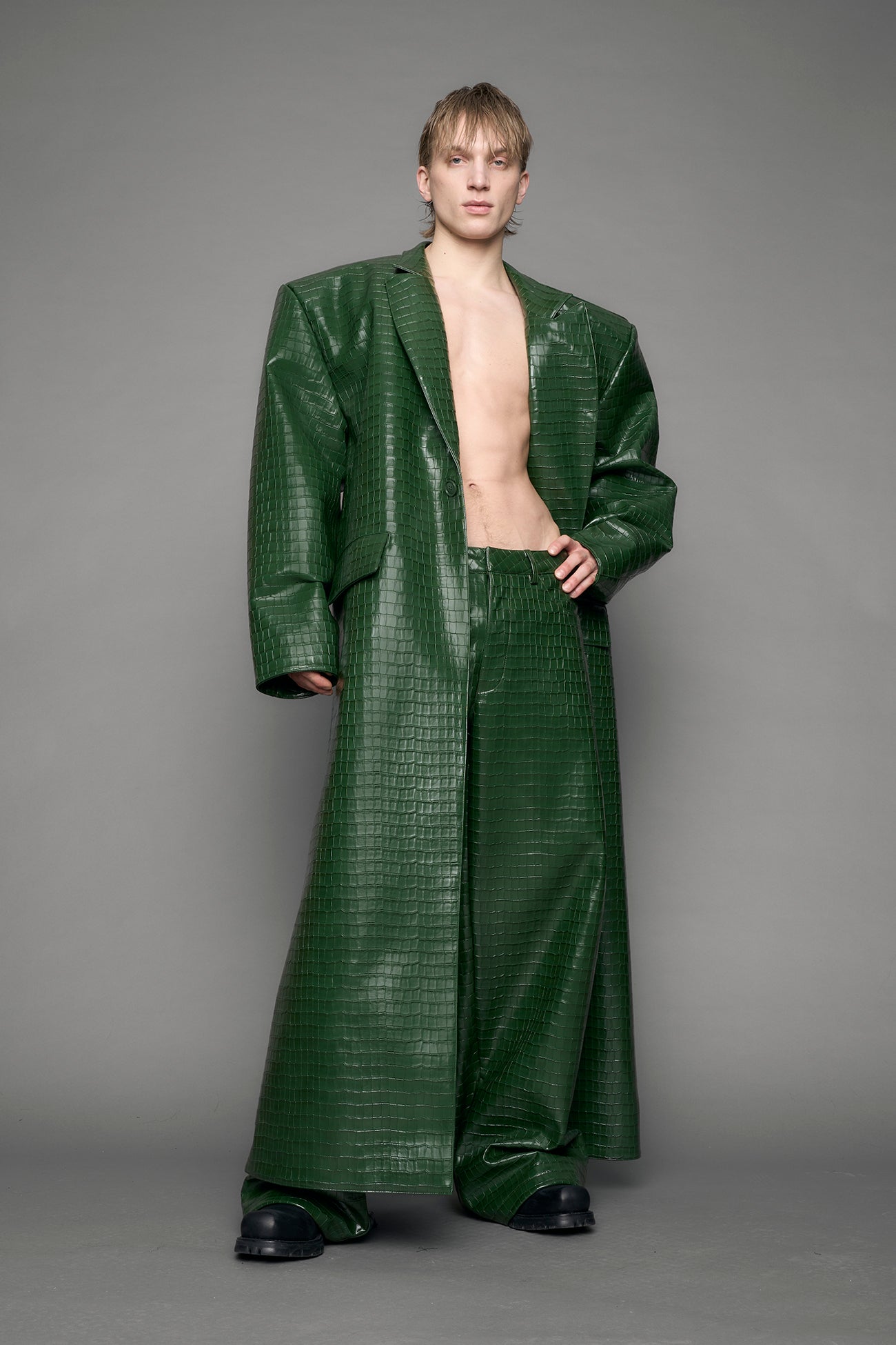 Leather Elongated Croc Blazer Coat — view 13