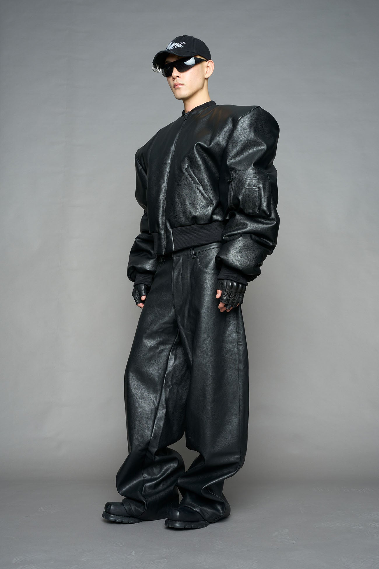 Leather Power Shoulder Bomber Jacket — view 6