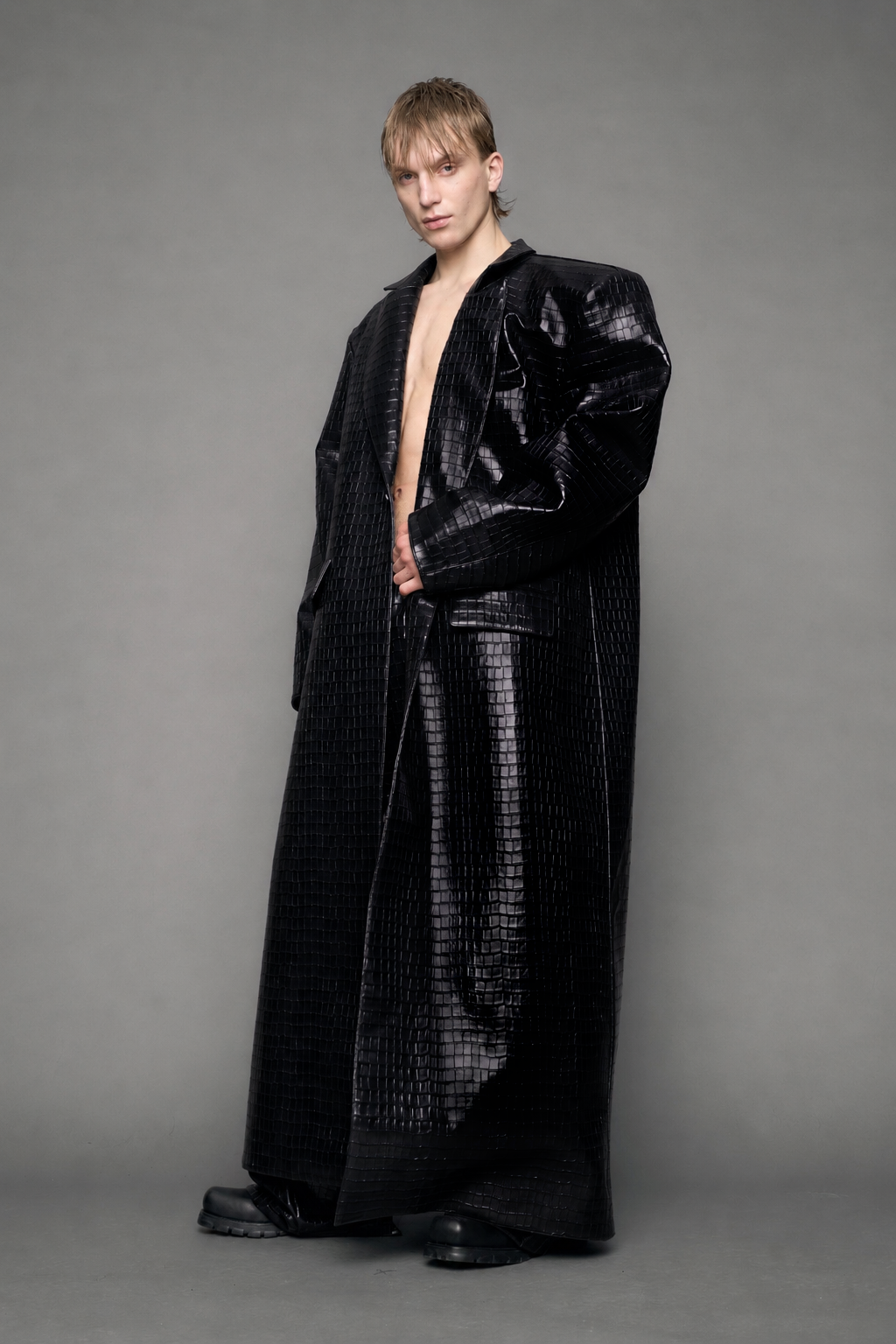 Leather Elongated Croc Blazer Coat — view 11