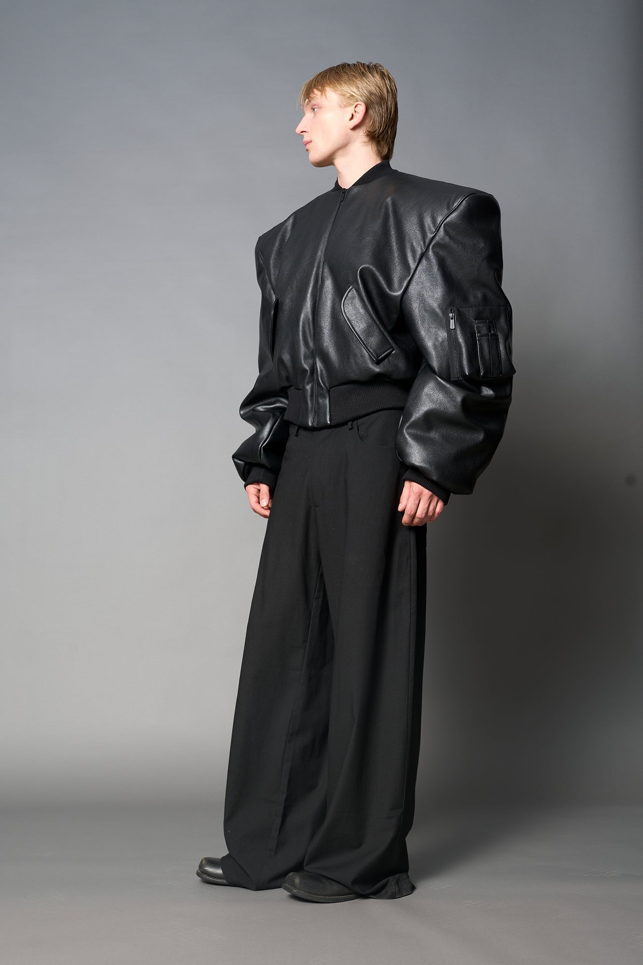 Leather Power Shoulder Bomber Jacket — view 5