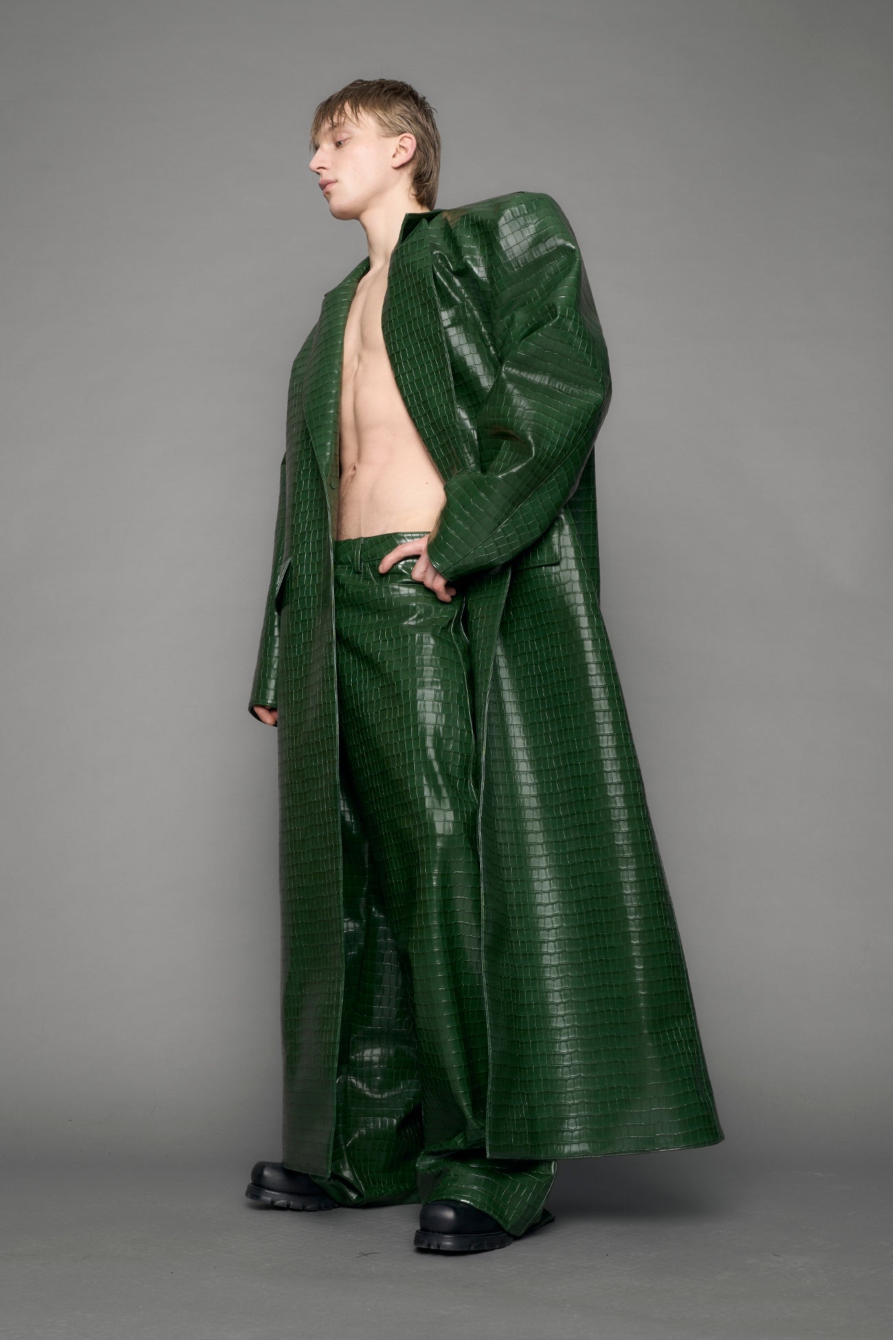 Leather Elongated Croc Blazer Coat — view 15