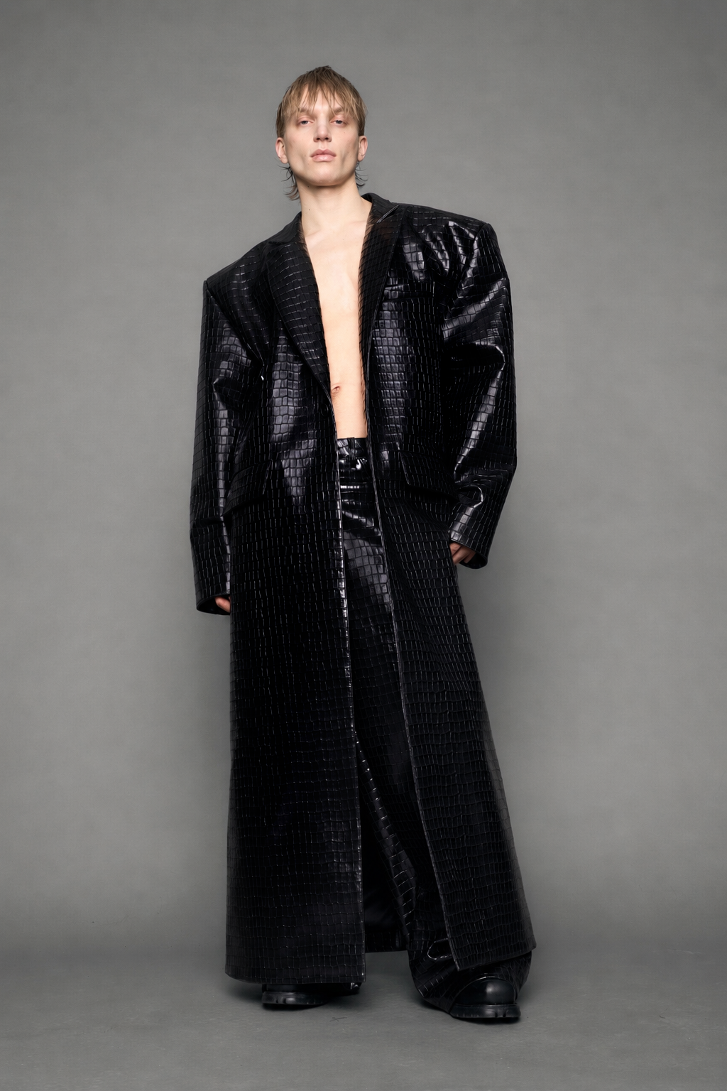 Leather Elongated Croc Blazer Coat — view 9