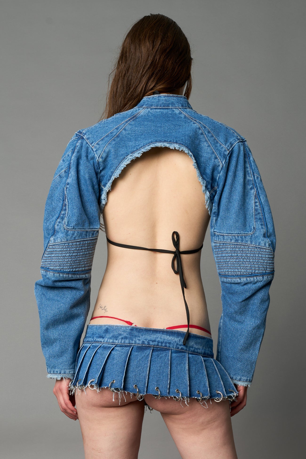 Denim Pleated Mini Skirt With Rings — view 14