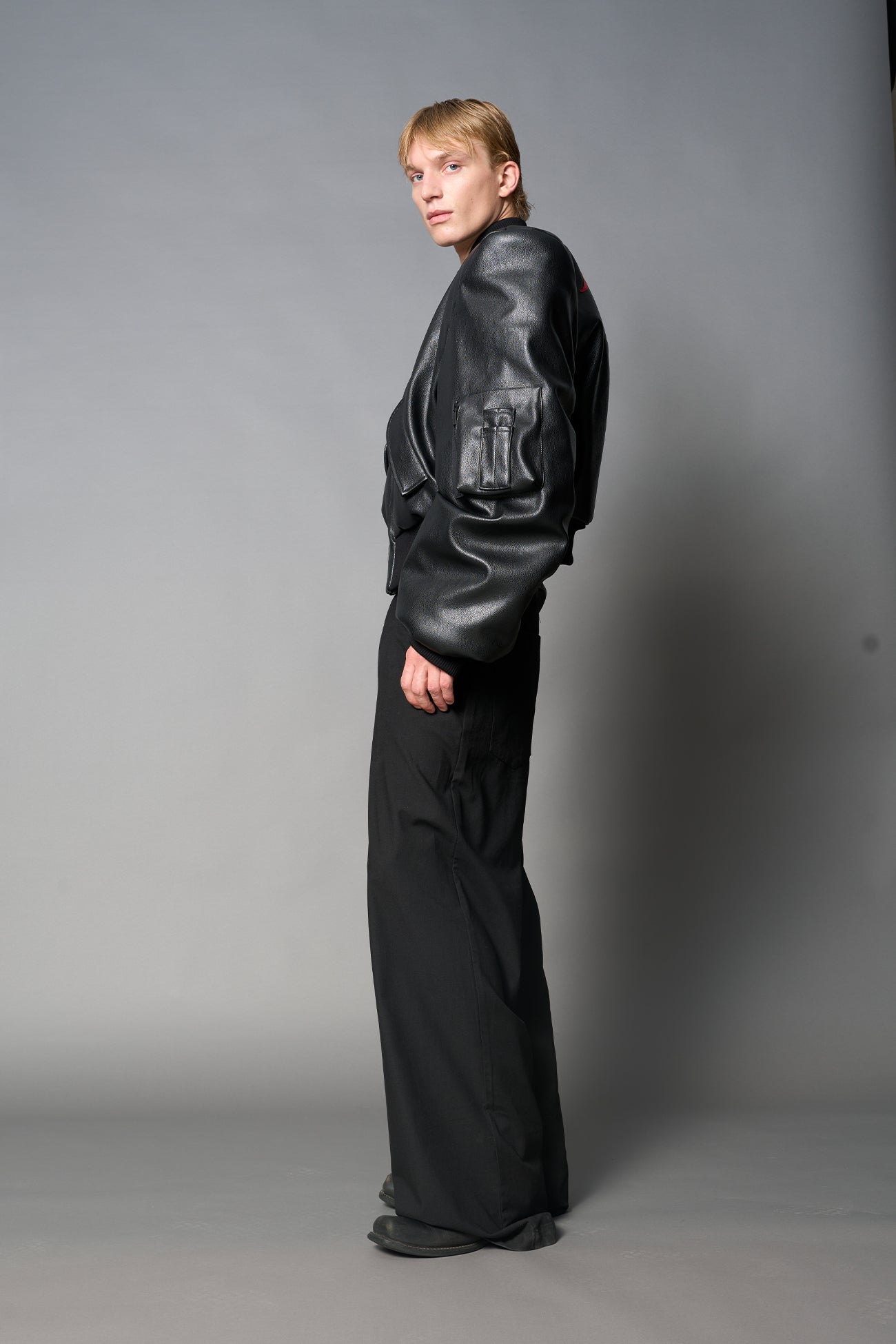 Leather Power Shoulder Bomber Jacket — view 9