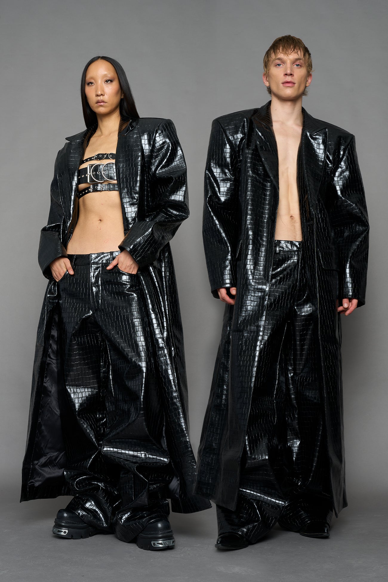 Leather Elongated Croc Blazer Coat — view 1