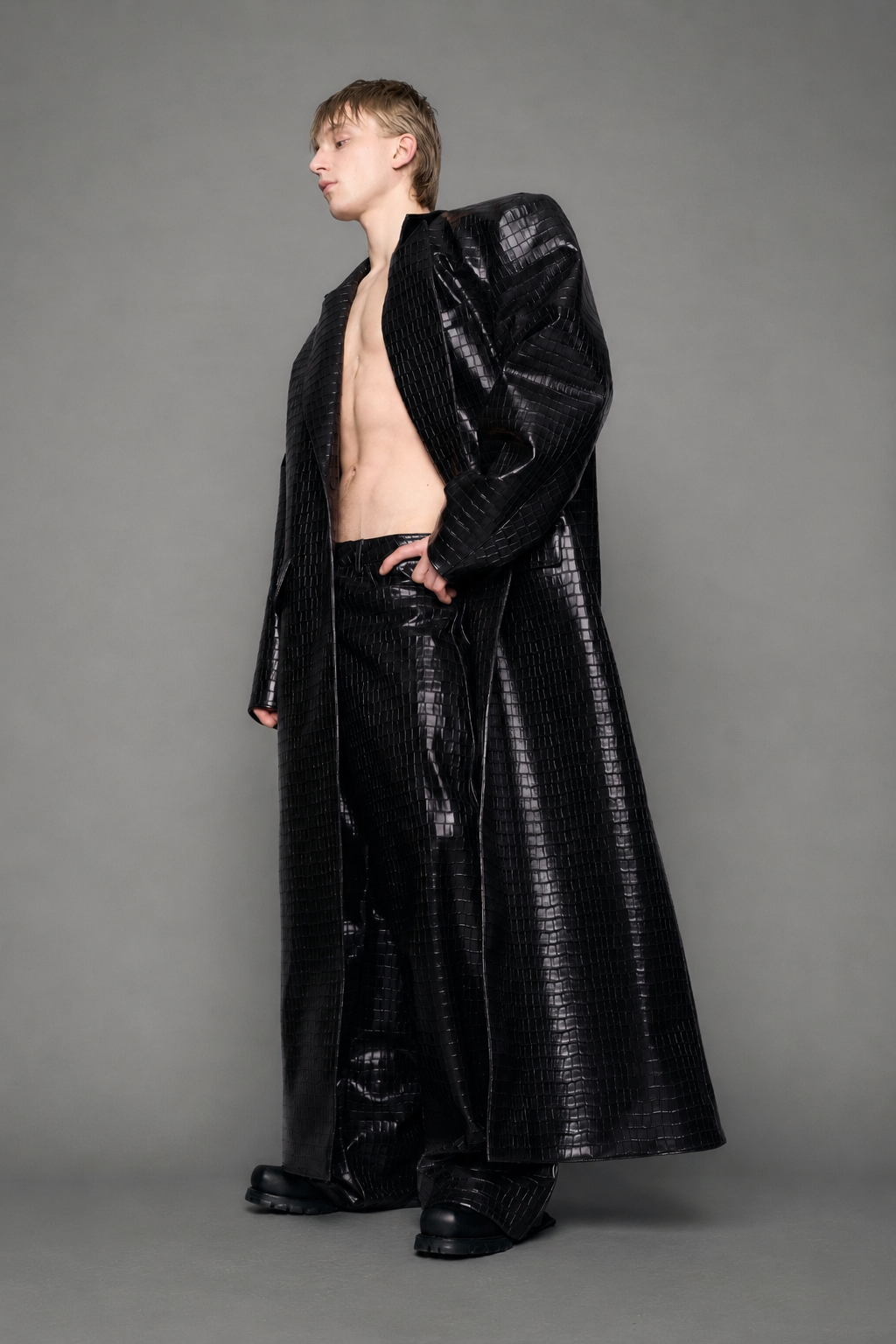 Leather Elongated Croc Blazer Coat — view 12