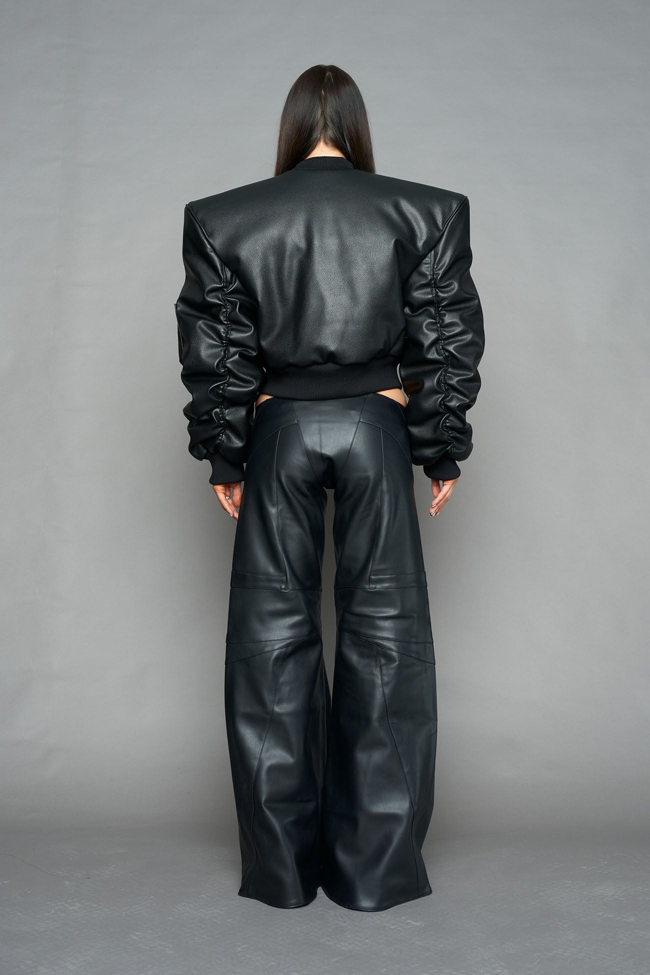Leather Power Shoulder Bomber Jacket — view 4