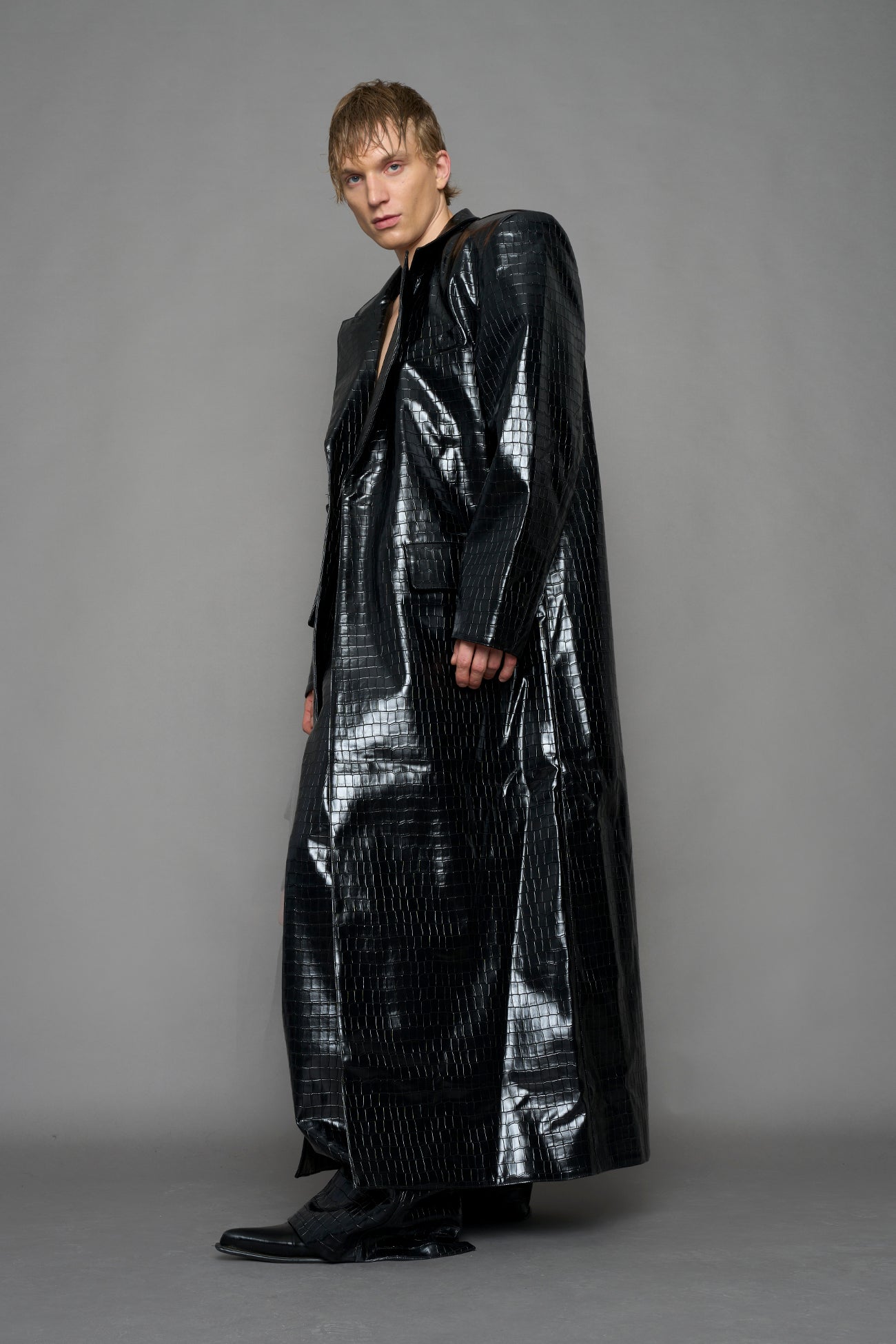 Leather Elongated Croc Blazer Coat — view 6