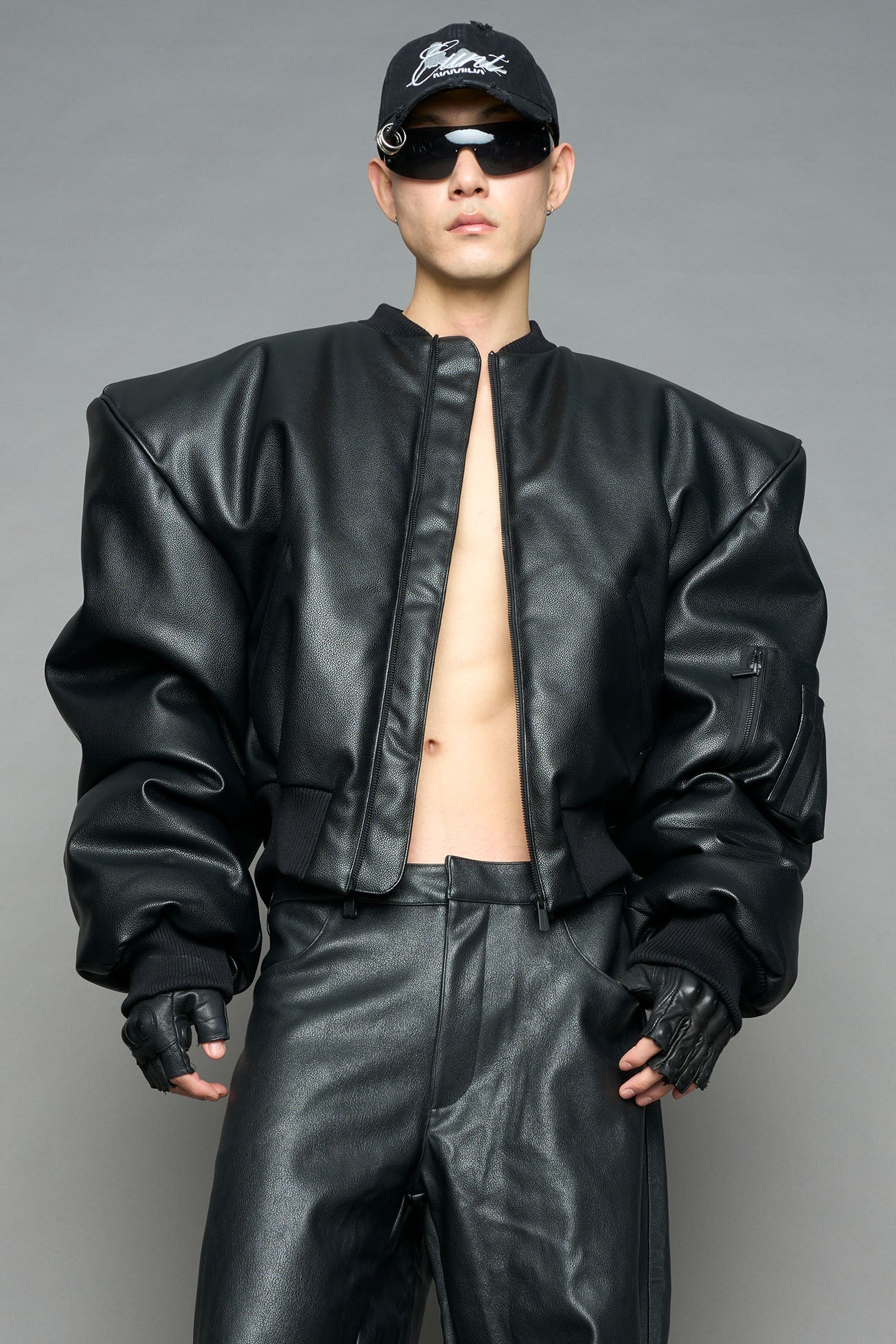 Leather Power Shoulder Bomber Jacket detail