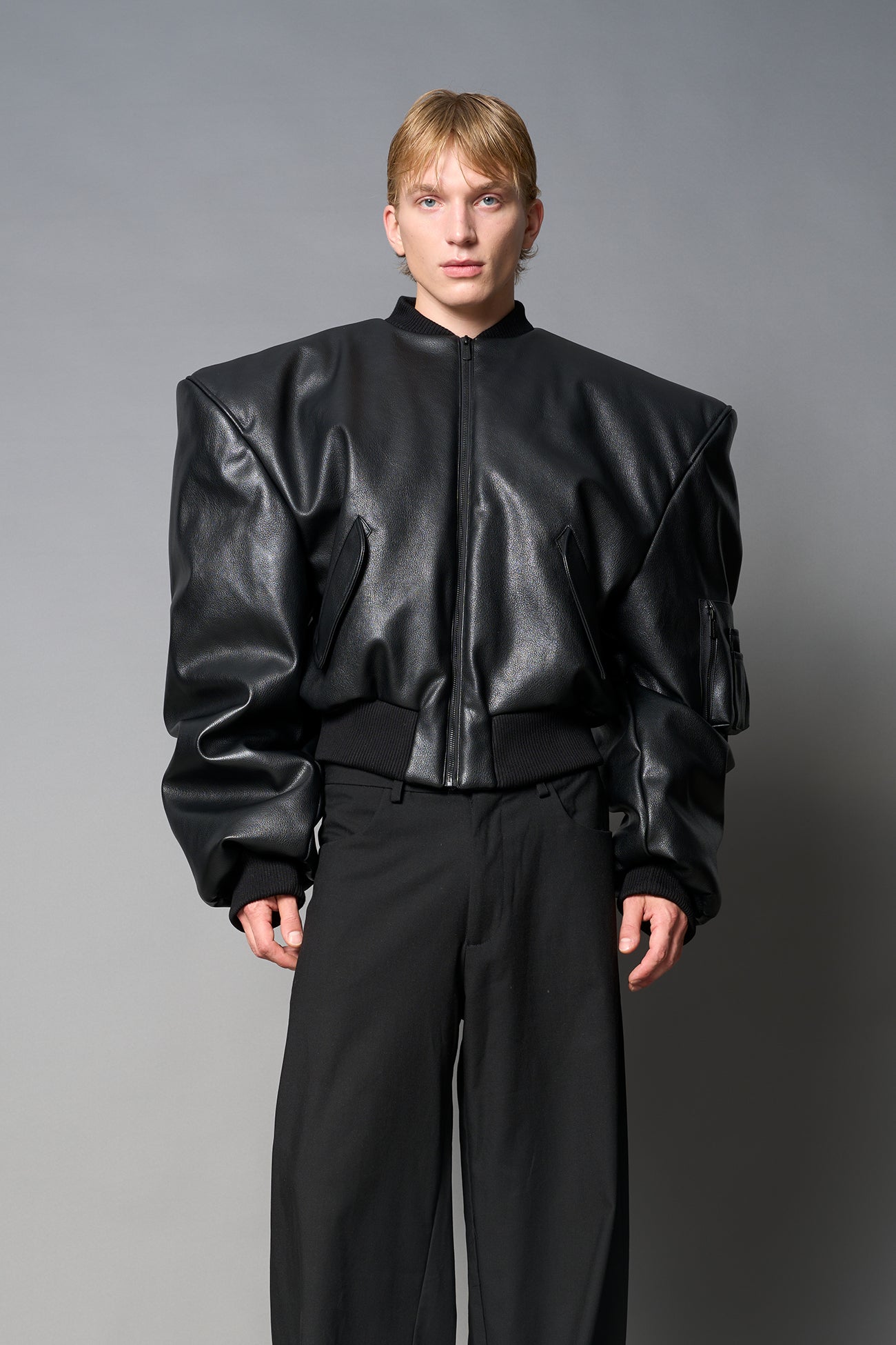 Leather Power Shoulder Bomber Jacket — view 2