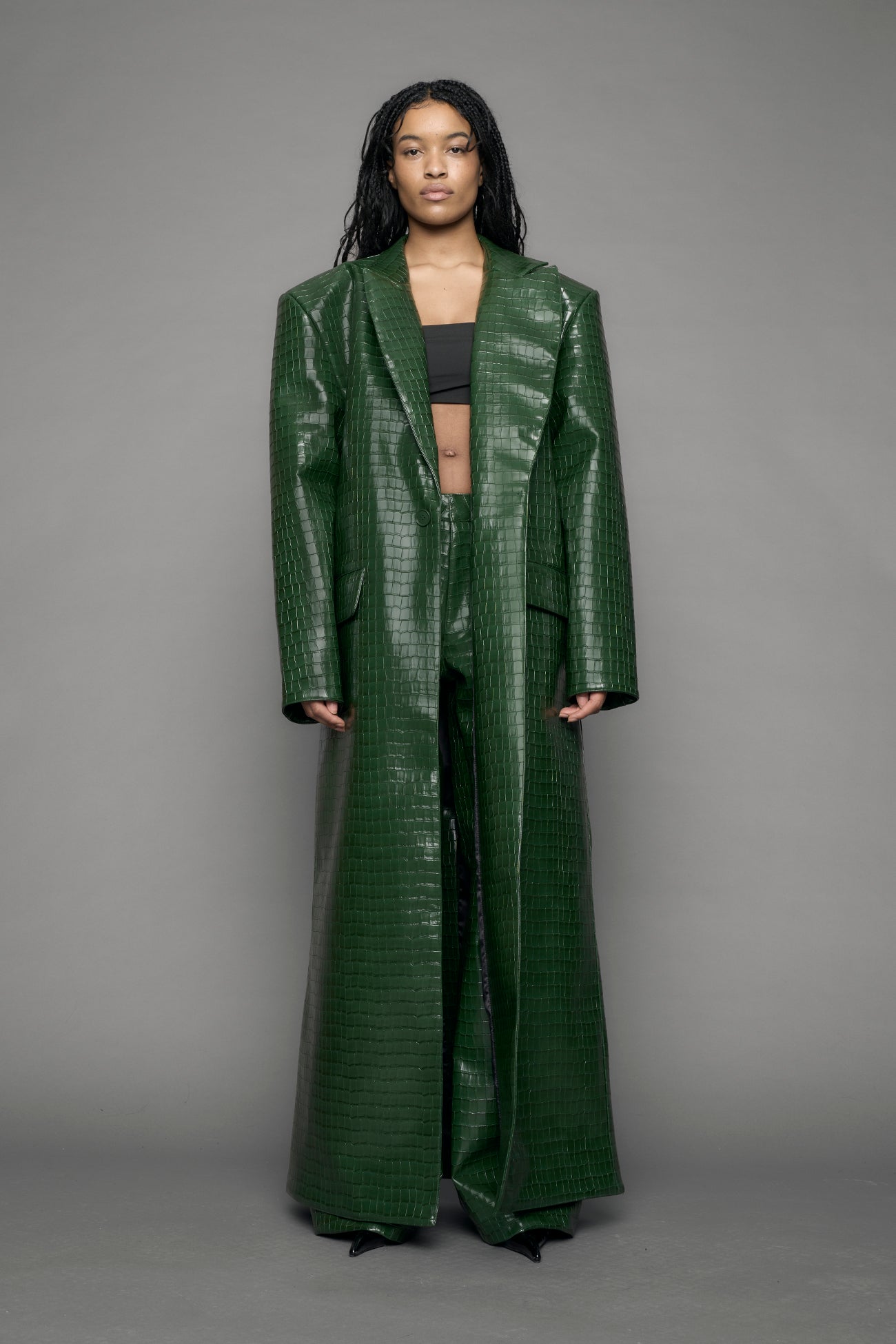 Leather Elongated Croc Blazer Coat — view 18