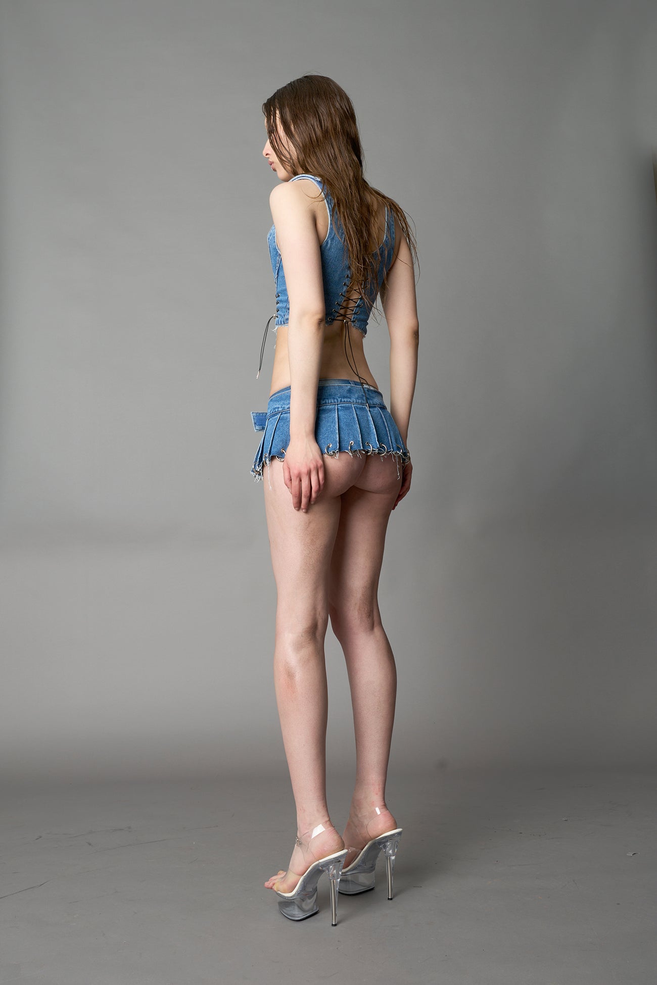 Denim Pleated Mini Skirt With Rings — view 4
