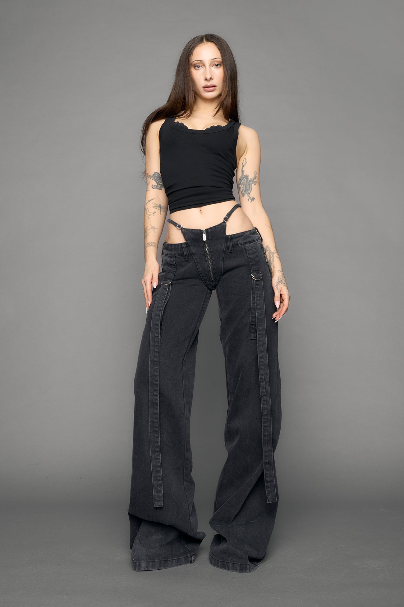 Belted Denim Thong Pants — view 2