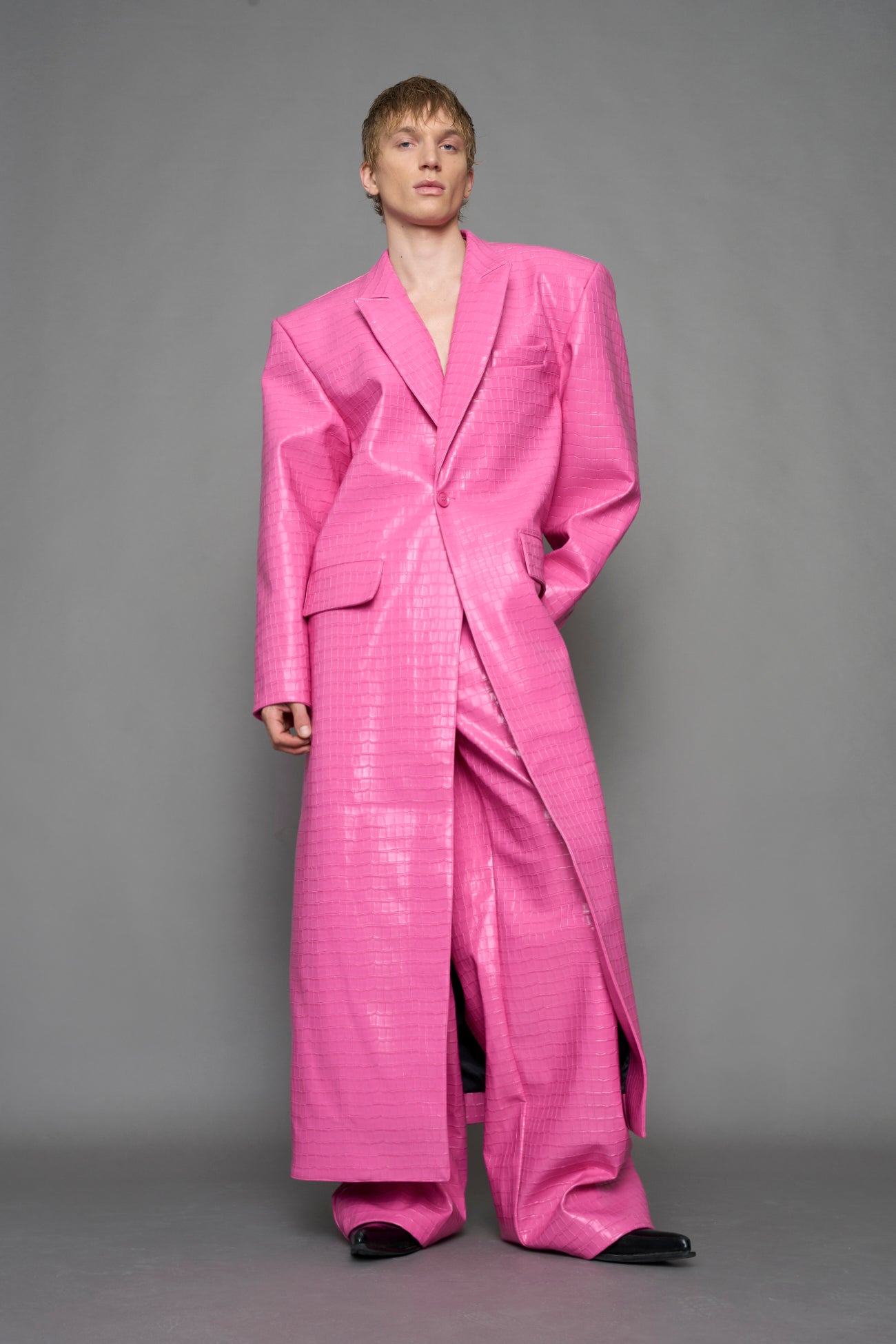 Leather Elongated Croc Blazer Coat — view 10