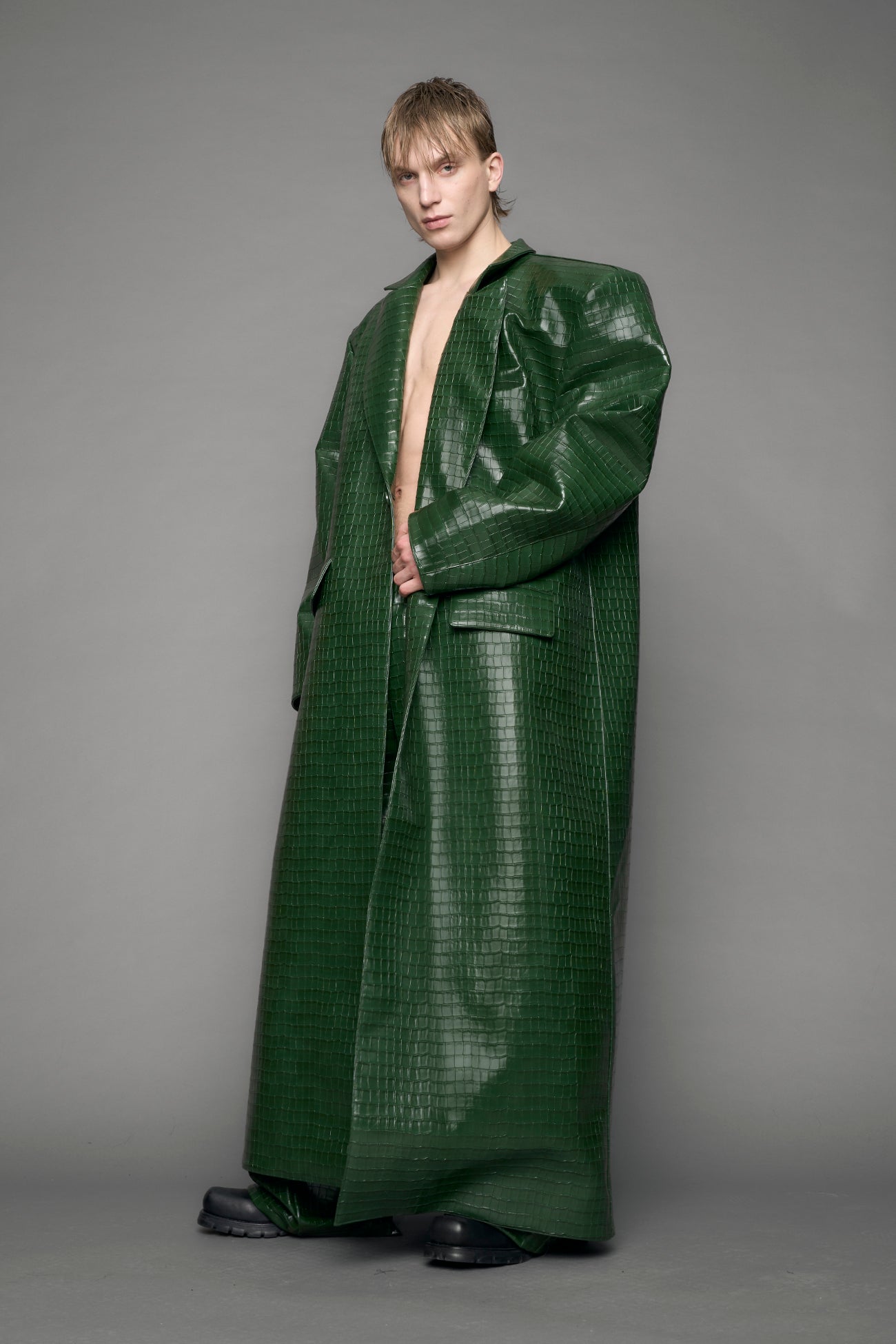 Leather Elongated Croc Blazer Coat — view 23