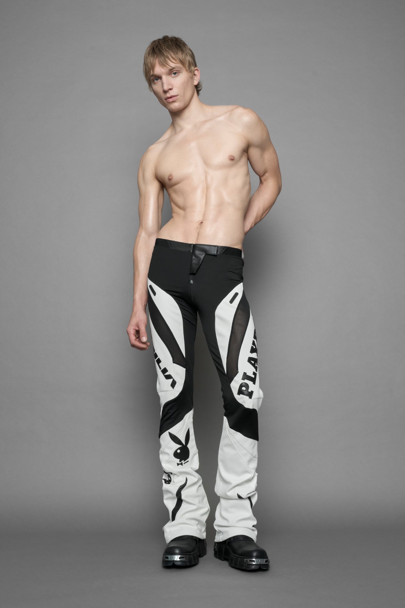 Playboy Moto Mesh Pants White Black — view 5