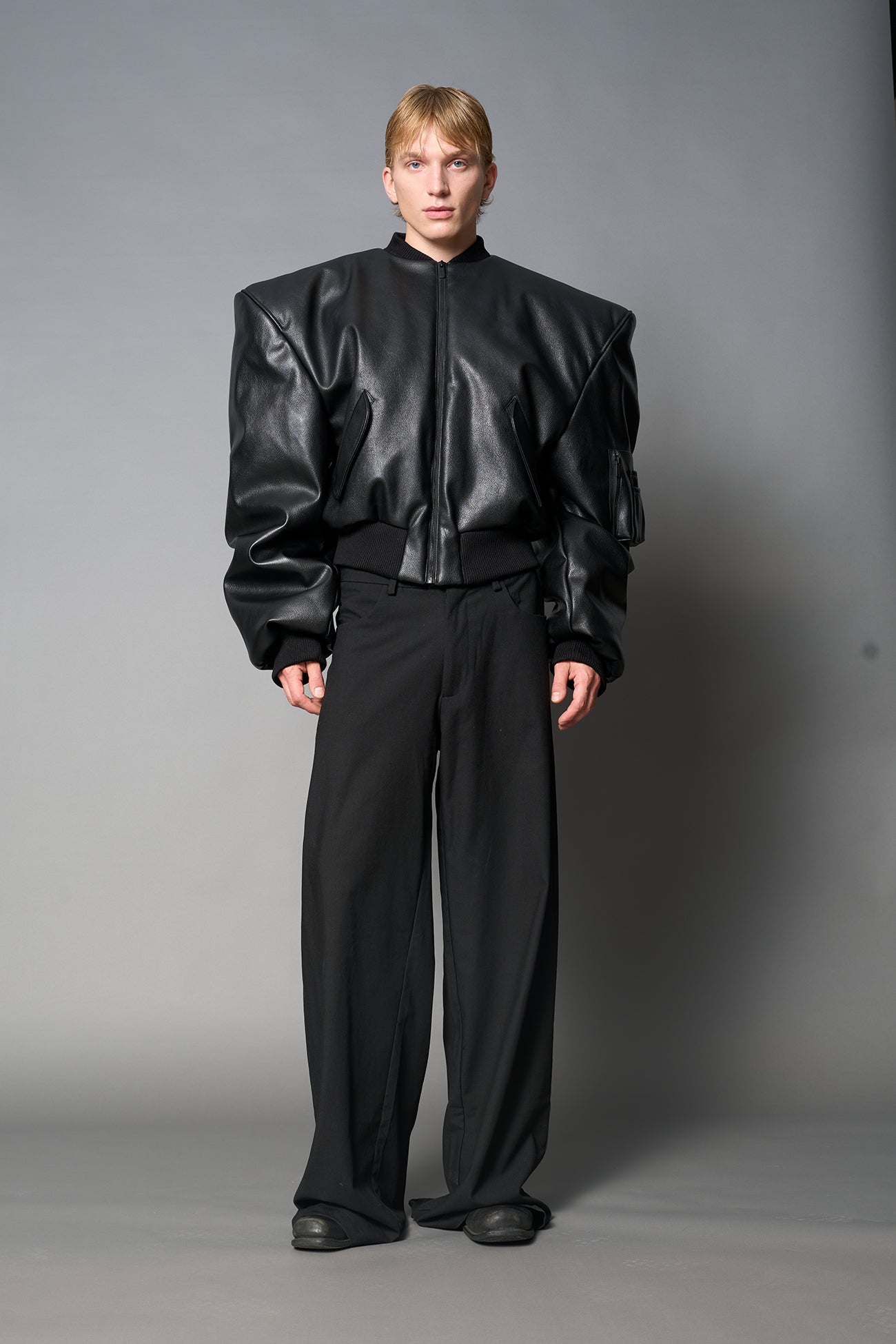 Leather Power Shoulder Bomber Jacket — view 3