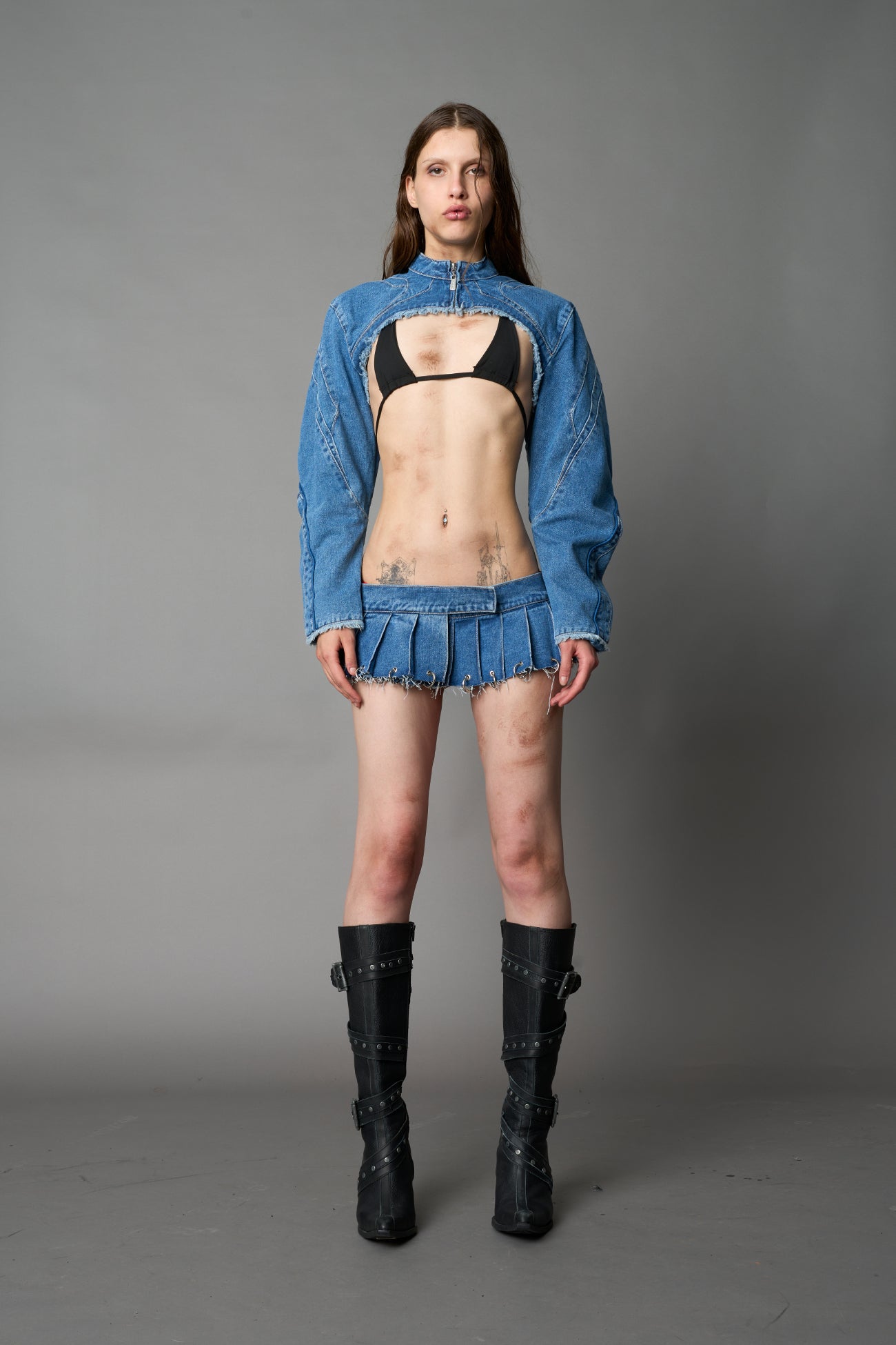 Denim Pleated Mini Skirt With Rings — view 11