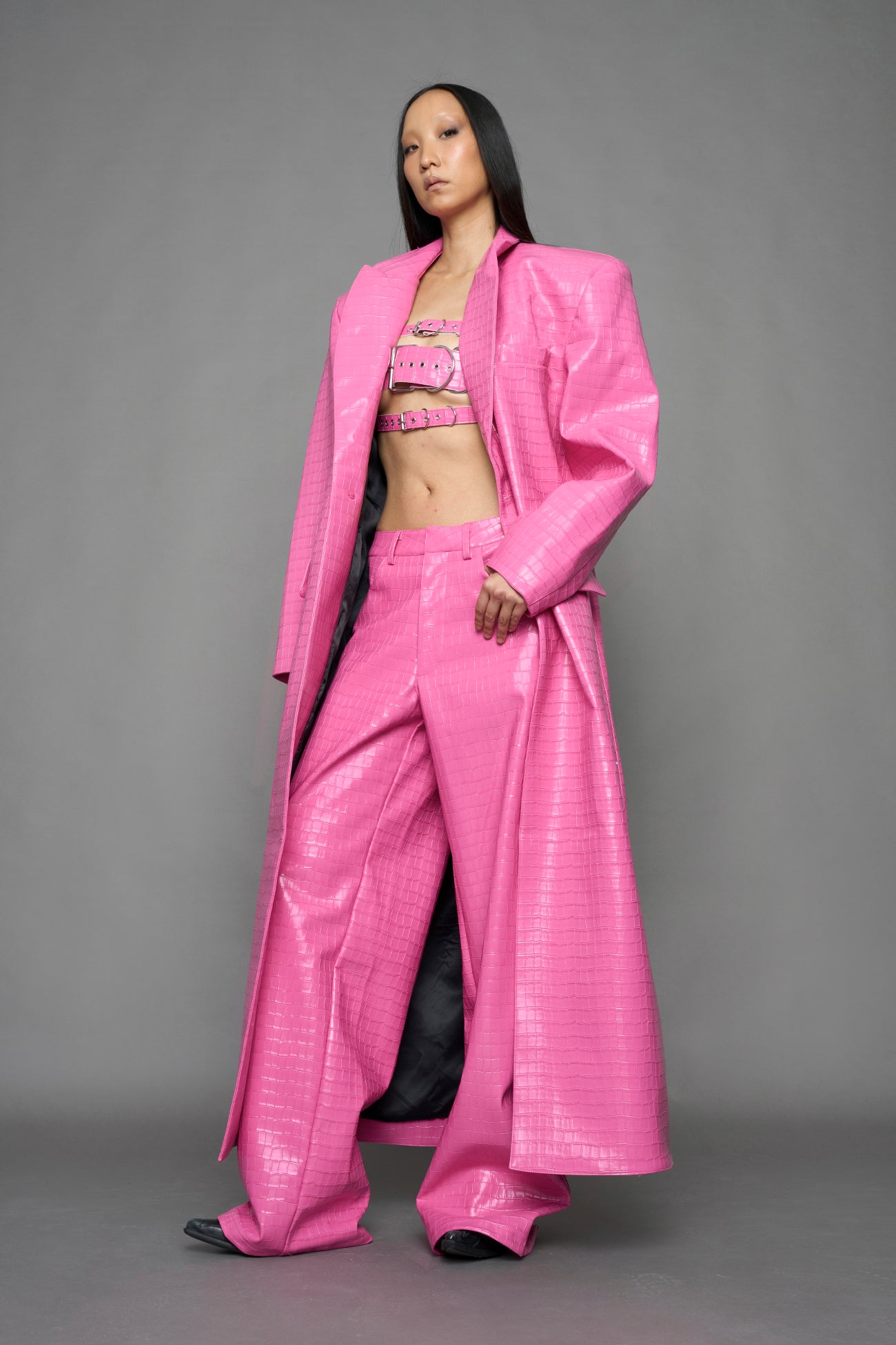 Leather Elongated Croc Blazer Coat — view 3